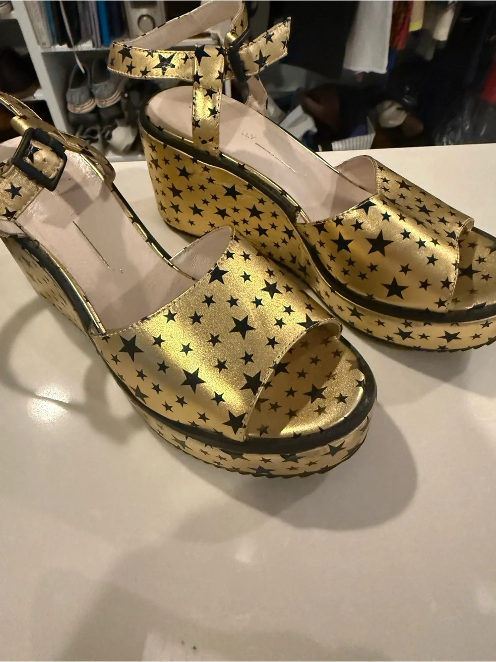 Intentionally Blank,Gold Star Platform Wedge Sandals, Anthropologie, 7